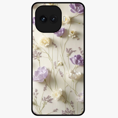 Lilac Breeze Harmony Glass Case showing flat back view with soft lilac themed artwork and glossy glass finish.