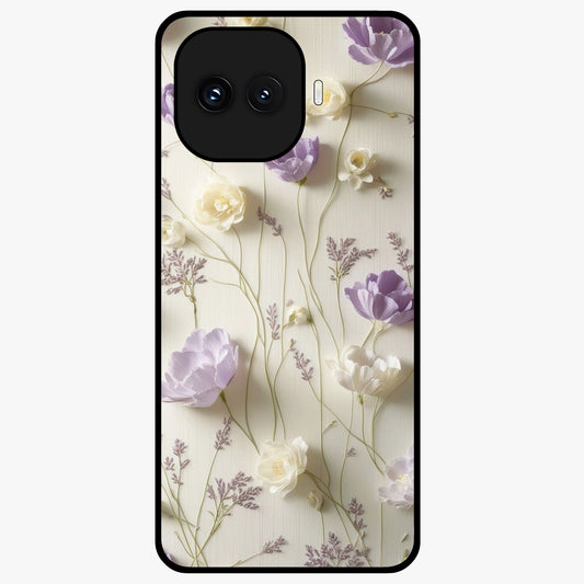 Lilac Breeze Harmony Glass Case showing flat back view with soft lilac themed artwork and glossy glass finish.