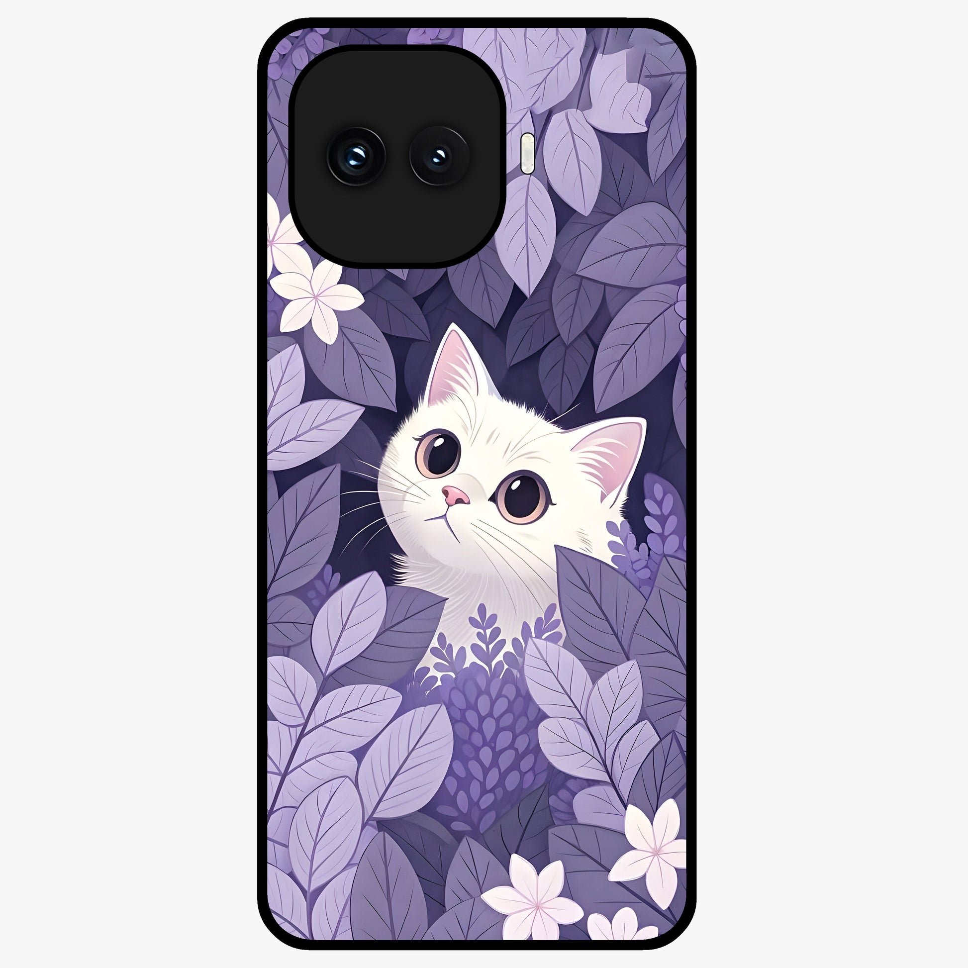 Lilac Hide Peek Cat Glass Case showing flat back view with cute peeking cat artwork and glossy glass finish.