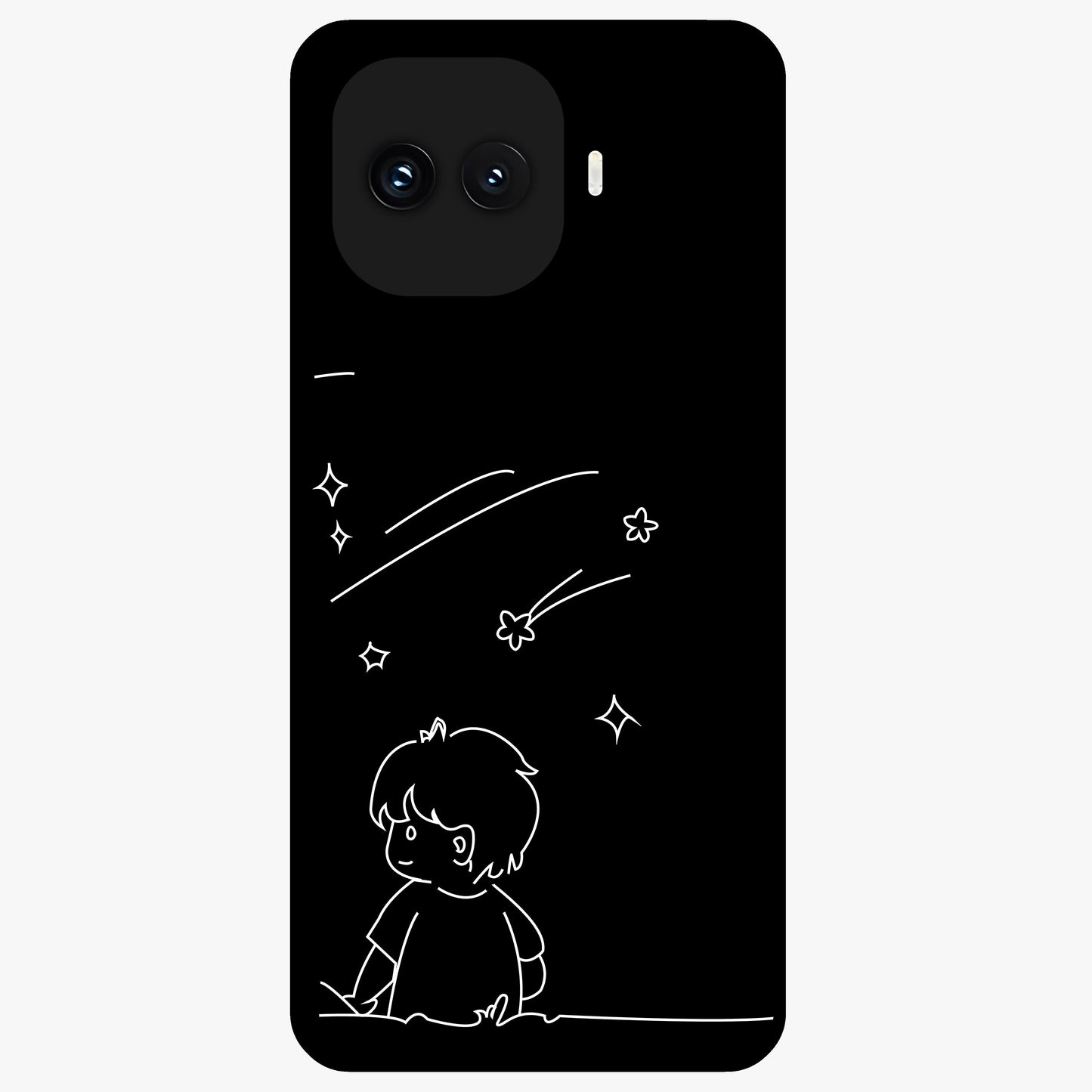 Line Art Boy With Shooting Stars Glass Case showing flat back view with minimal line art boy and shooting stars illustration and glossy glass finish.