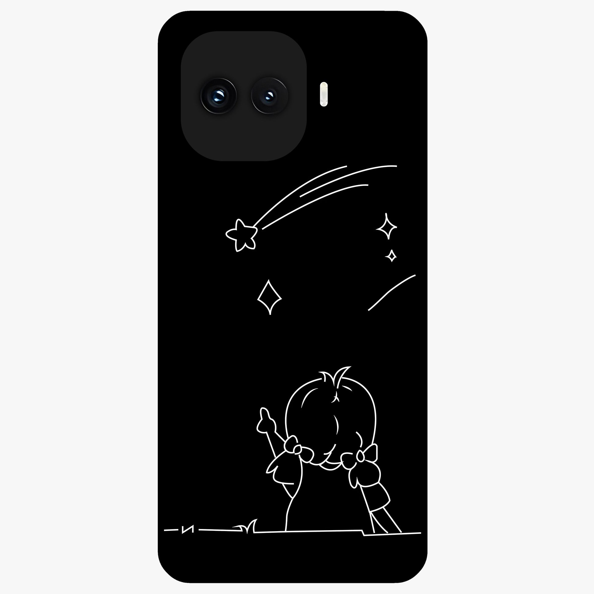 Line Art Girl With Shooting Stars Glass Case showing flat back view with minimal line art girl and shooting stars illustration and glossy glass finish.