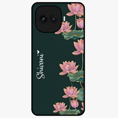 Lotus Bloom Serenity Custom Name Glass Case showing flat back view with elegant lotus flower artwork and personalized name design.