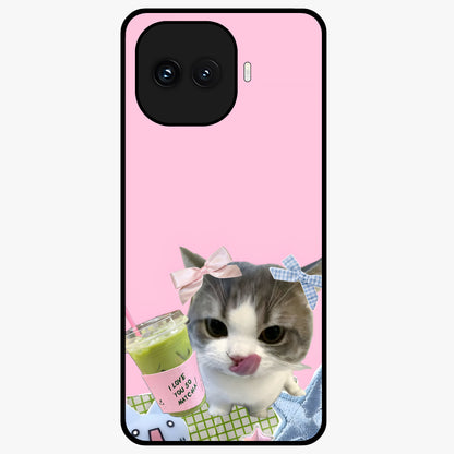 Love Matcha Cat Glass Case showing flat back view with cute cat and matcha themed artwork and glossy glass finish.