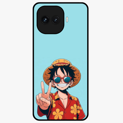 Luffy Summer Anime Vibe Glass Case showing flat back view with vibrant anime character artwork and glossy glass finish.