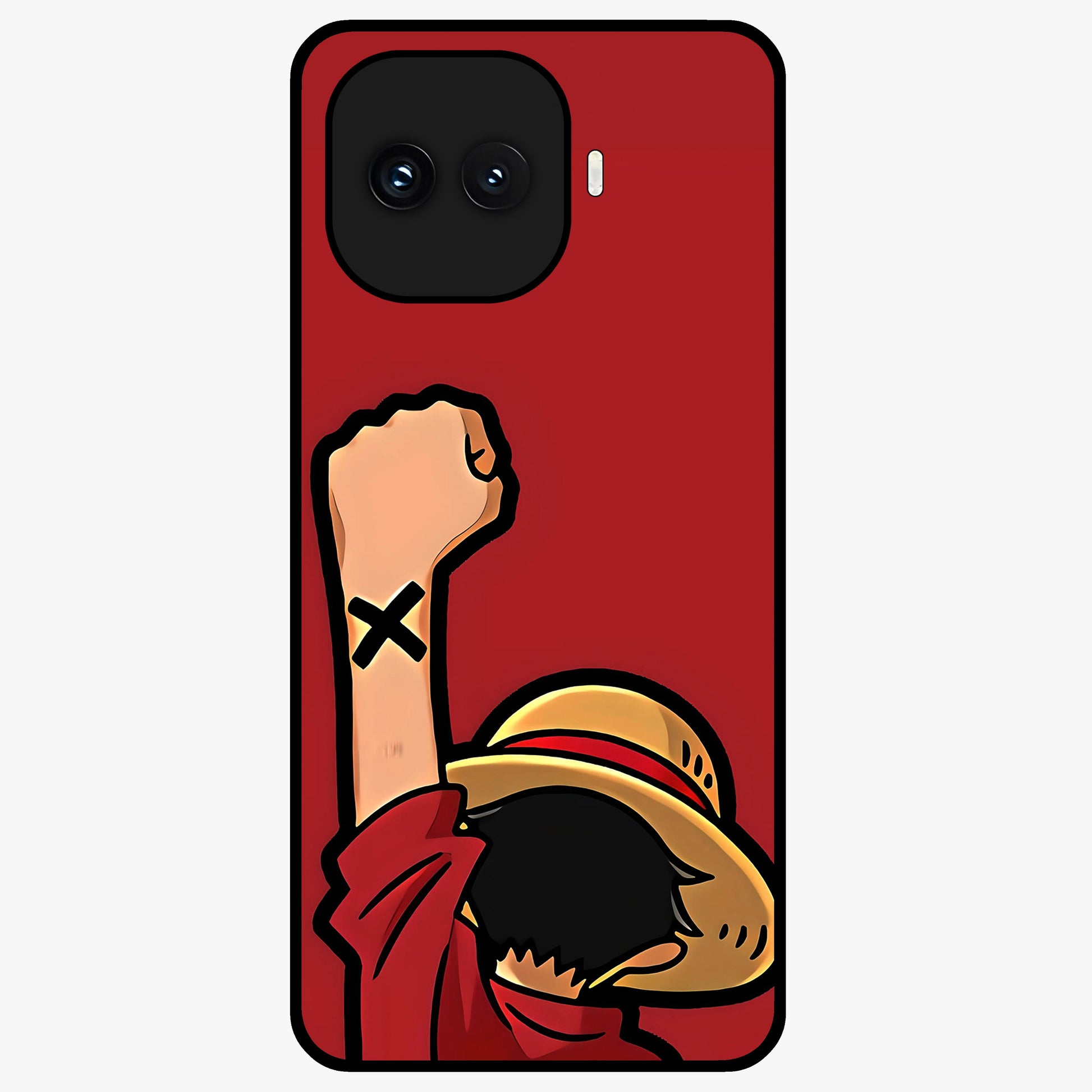 Luffy X Spirit Glass Case showing flat back view with bold anime character artwork and glossy glass finish.