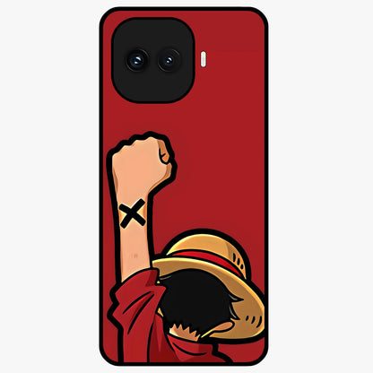 Luffy X Spirit Glass Case showing flat back view with bold anime character artwork and glossy glass finish.