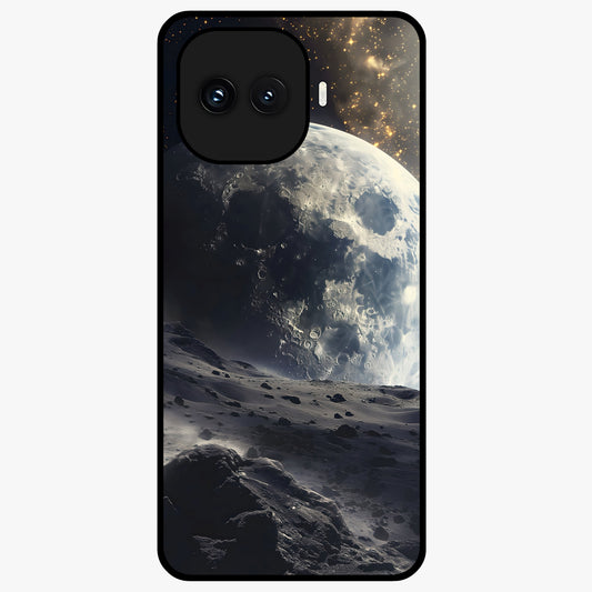 Lunar Horizon Glow Glass Case showing flat back view with glowing moon horizon artwork and glossy glass finish.