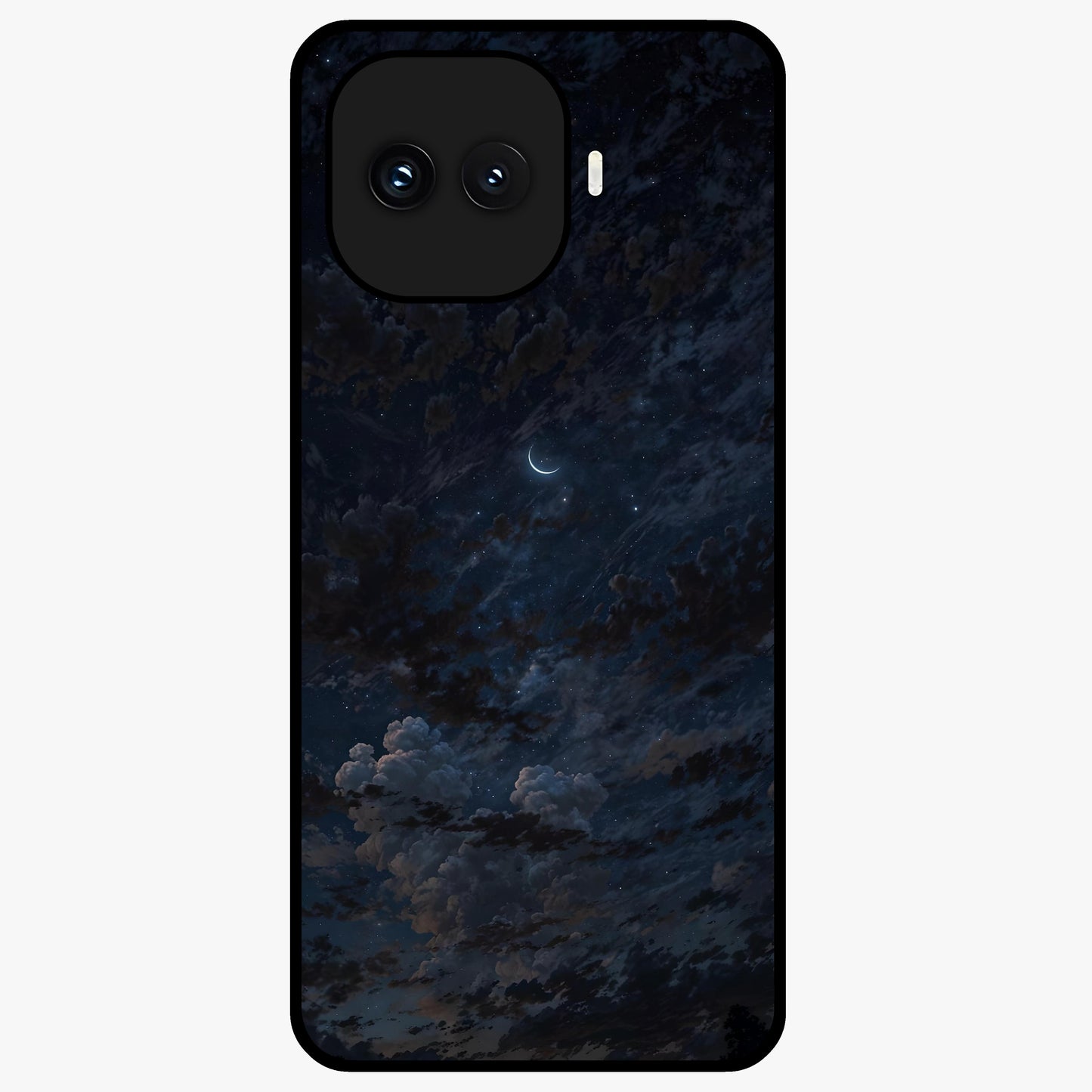 Lunar Veil Silence Glass Case showing flat back view with mystical moon veil artwork and glossy glass finish.