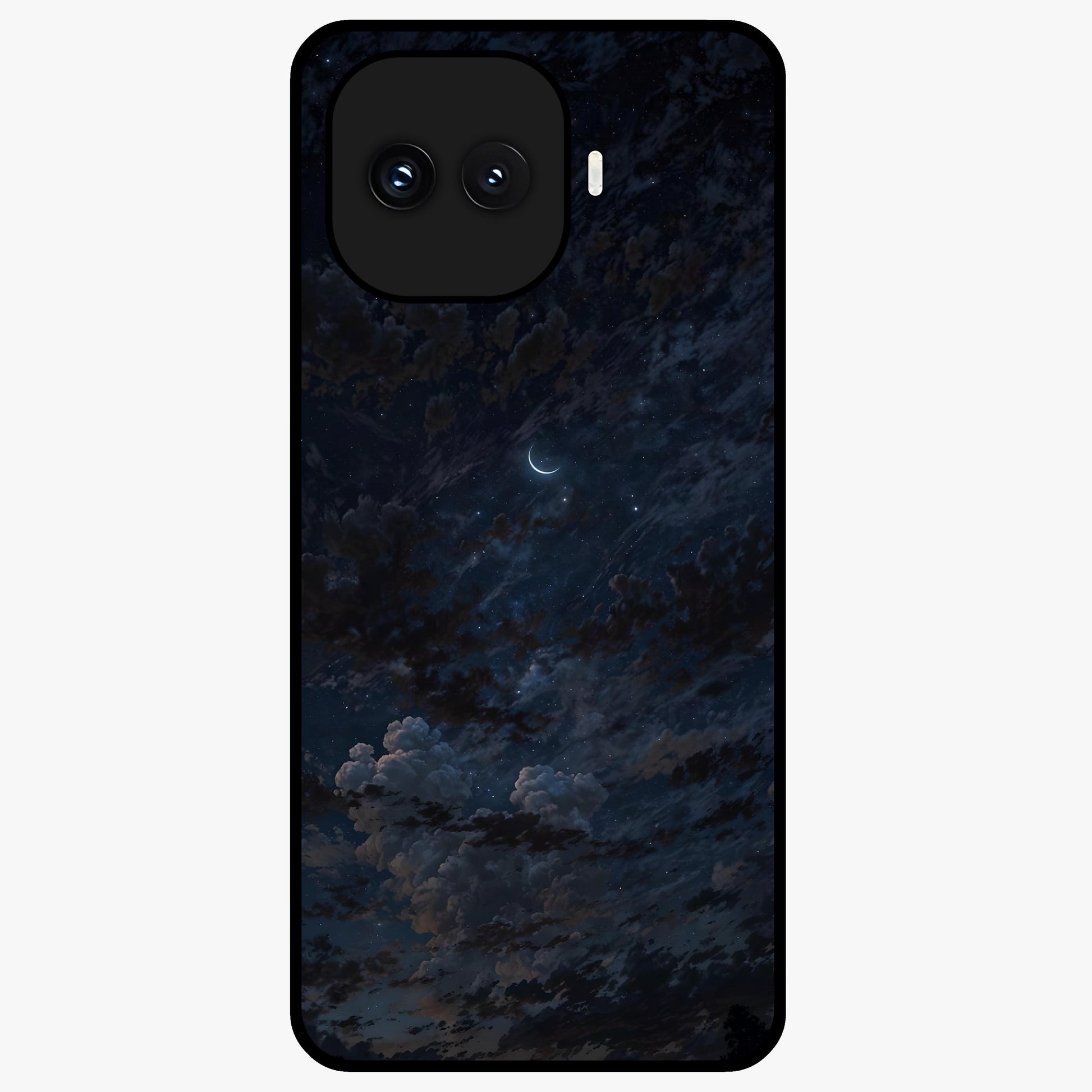 Lunar Veil Silence Glass Case showing flat back view with mystical moon veil artwork and glossy glass finish.