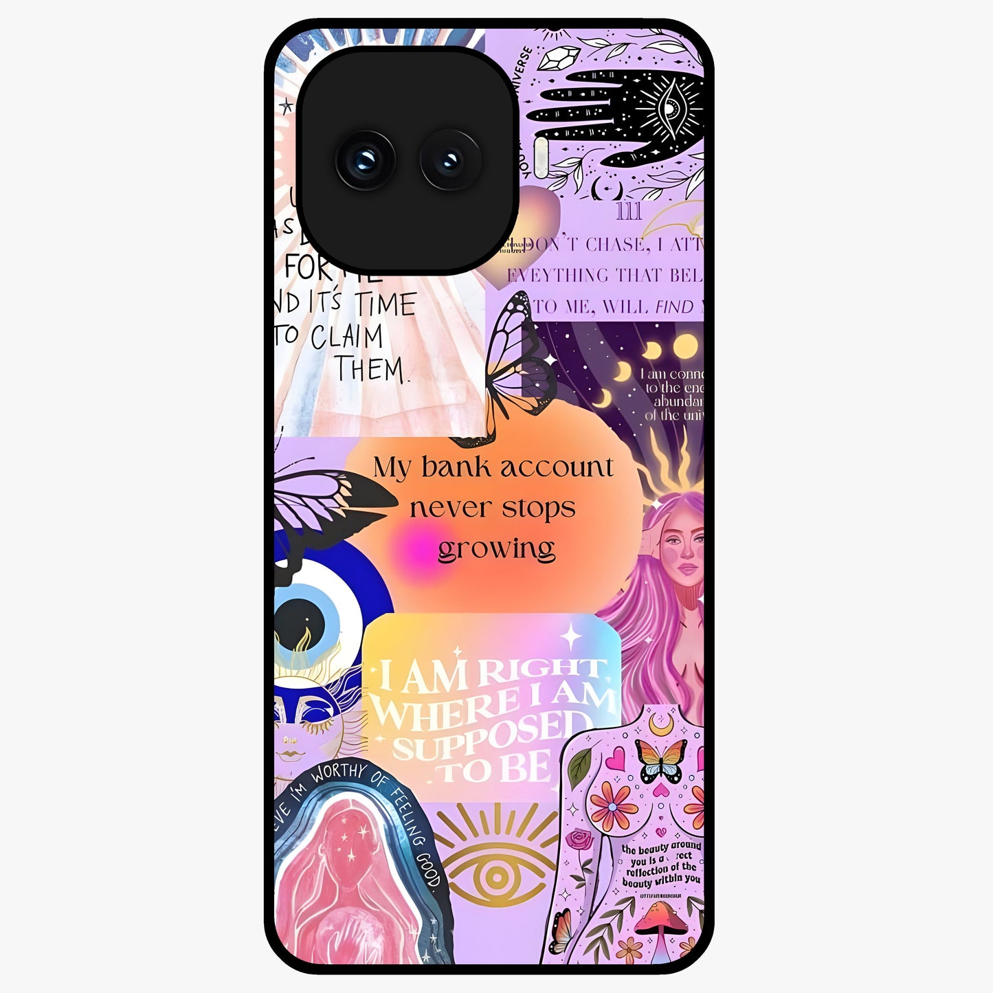Manifestation Collage Glass Case showing flat back view with motivational collage artwork and glossy glass finish.