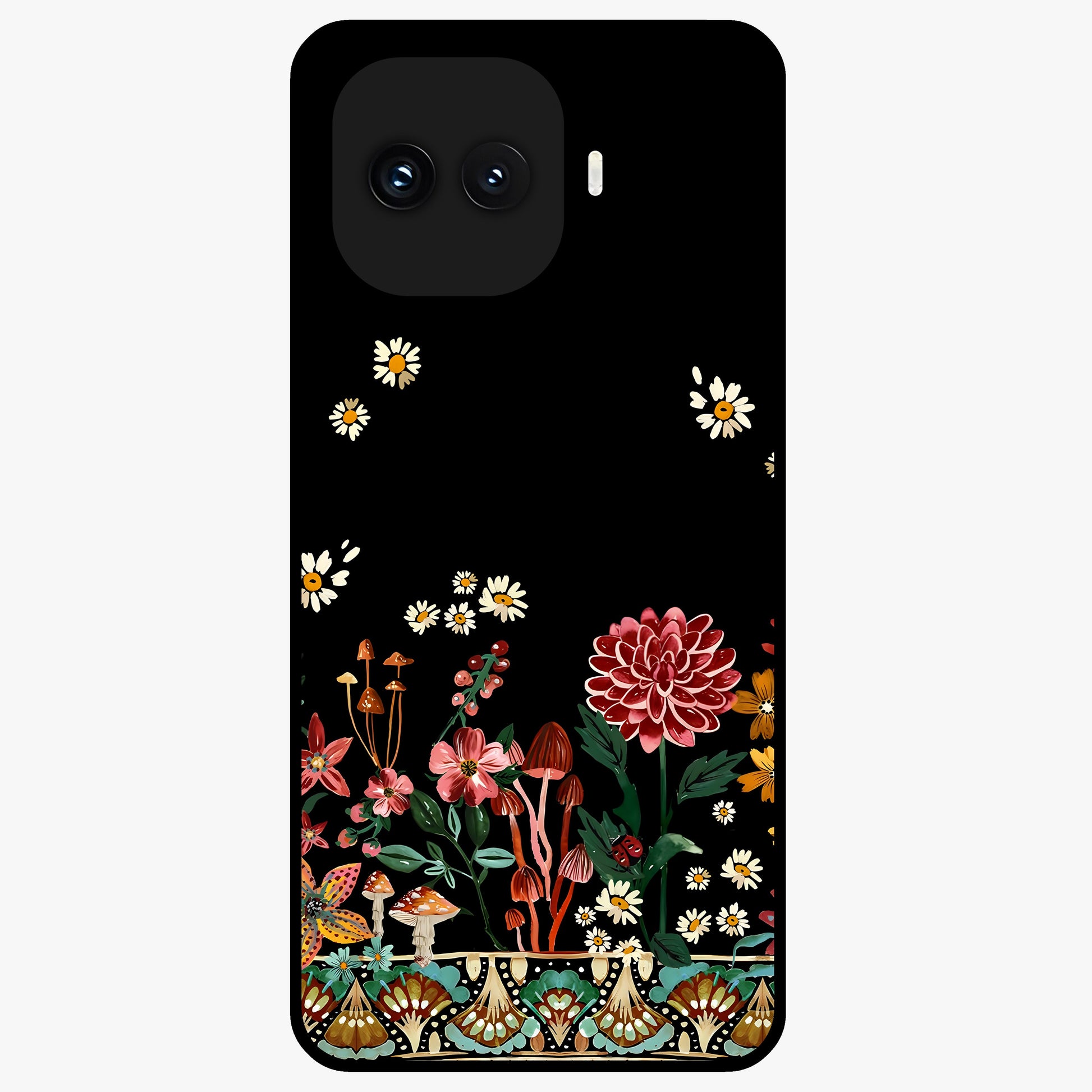 Midnight Bloom Pattern Glass Case showing flat back view with dark floral pattern artwork and glossy glass finish.