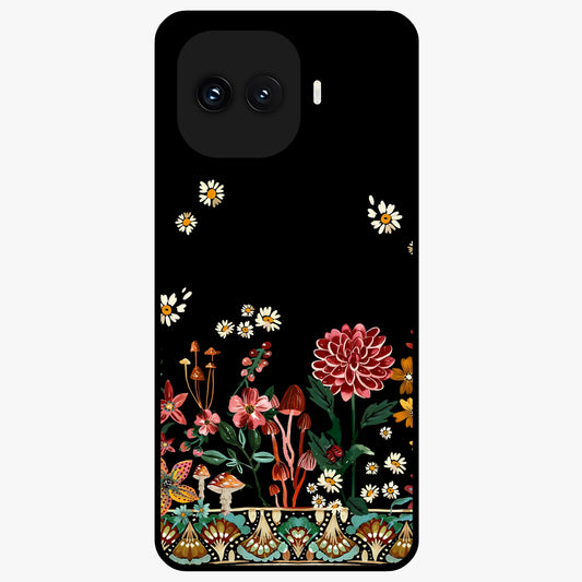 Midnight Bloom Pattern Glass Case showing flat back view with dark floral pattern artwork and glossy glass finish.