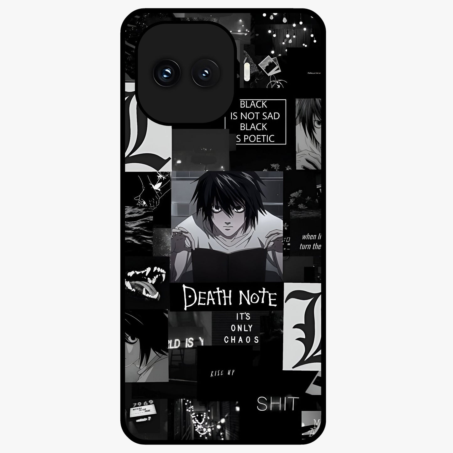 Midnight Chaos Mind Glass Case showing flat back view with abstract dark themed artwork and glossy glass finish.