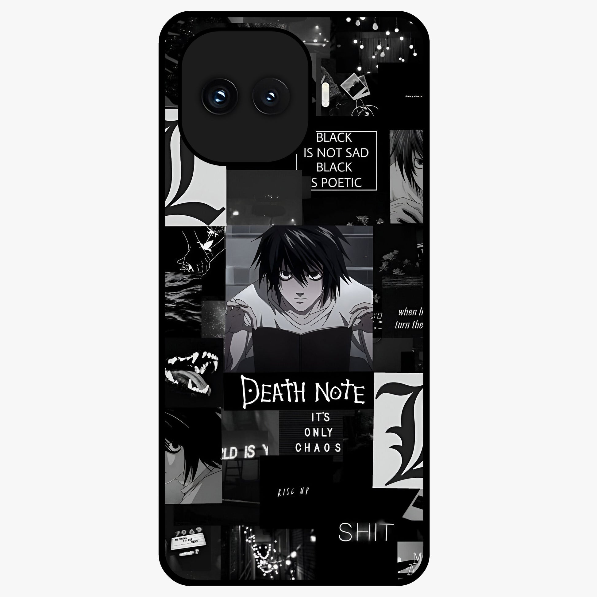 Midnight Chaos Mind Glass Case showing flat back view with abstract dark themed artwork and glossy glass finish.