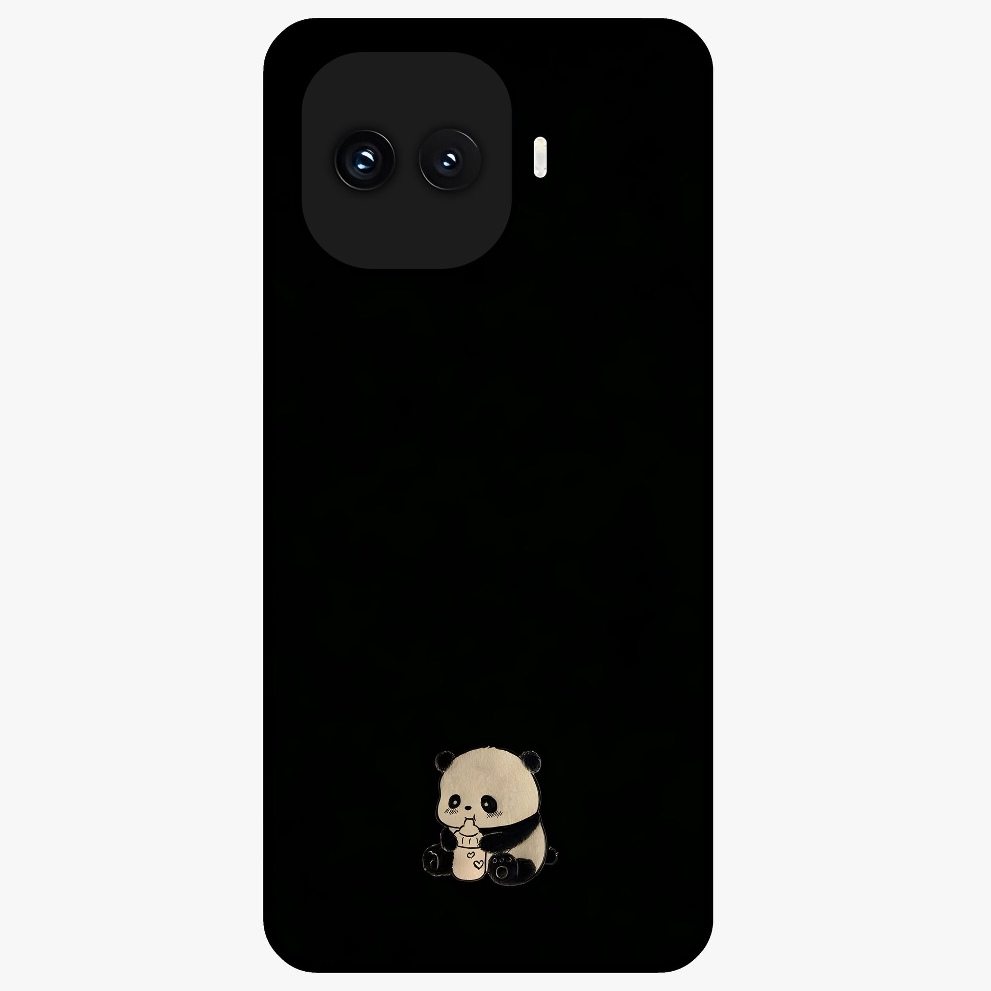 Midnight Panda Love Glass Case showing flat back view with cute panda themed artwork and glossy glass finish.