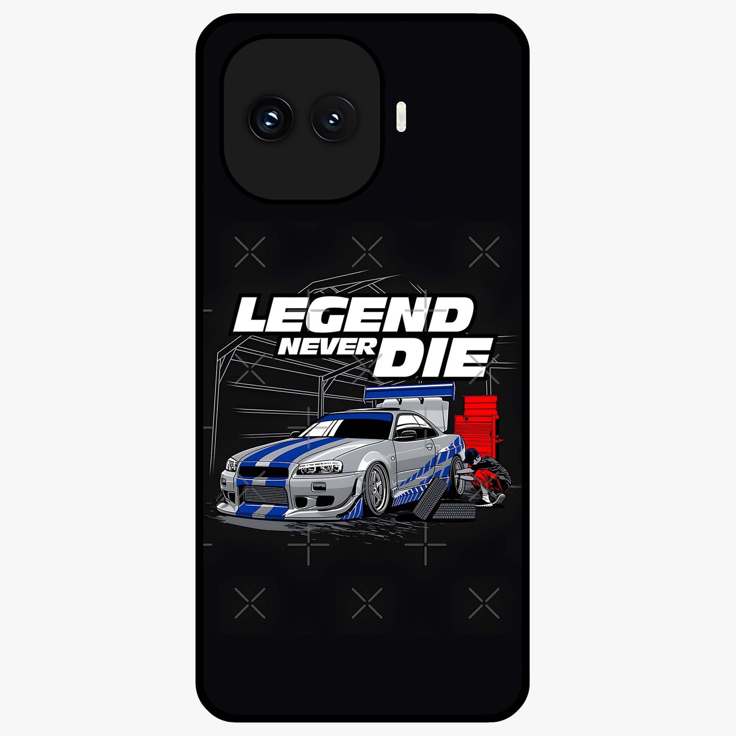 Midnight Racing Legacy Glass Case showing flat back view with sleek racing inspired artwork and glossy glass finish.