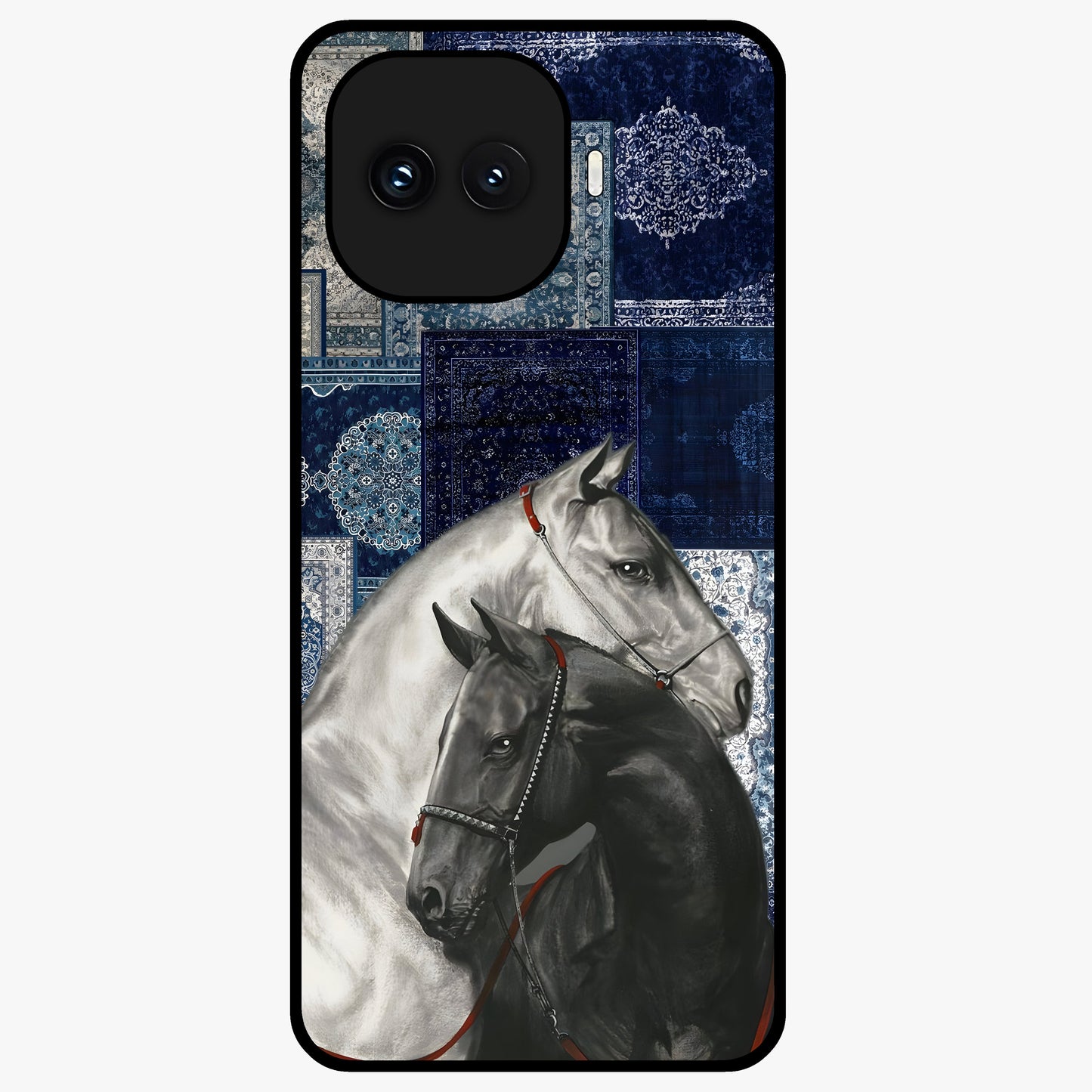 Midnight Stallion Blues Glass Case showing flat back view with majestic horse artwork and glossy glass finish.