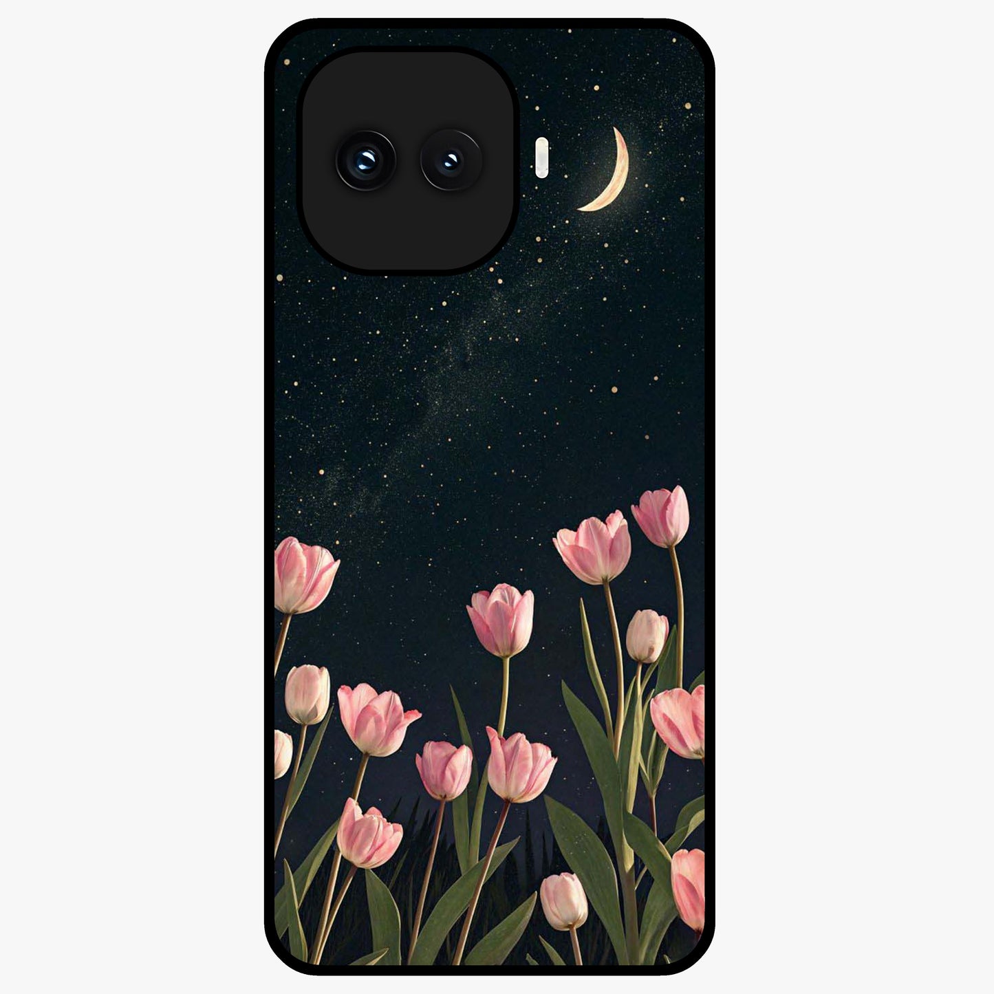 Midnight Tulip Whispers Vibe Glass Case showing flat back view with elegant tulip flower artwork and glossy glass finish.