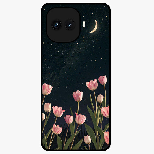 Midnight Tulip Whispers Vibe Glass Case showing flat back view with elegant tulip flower artwork and glossy glass finish.