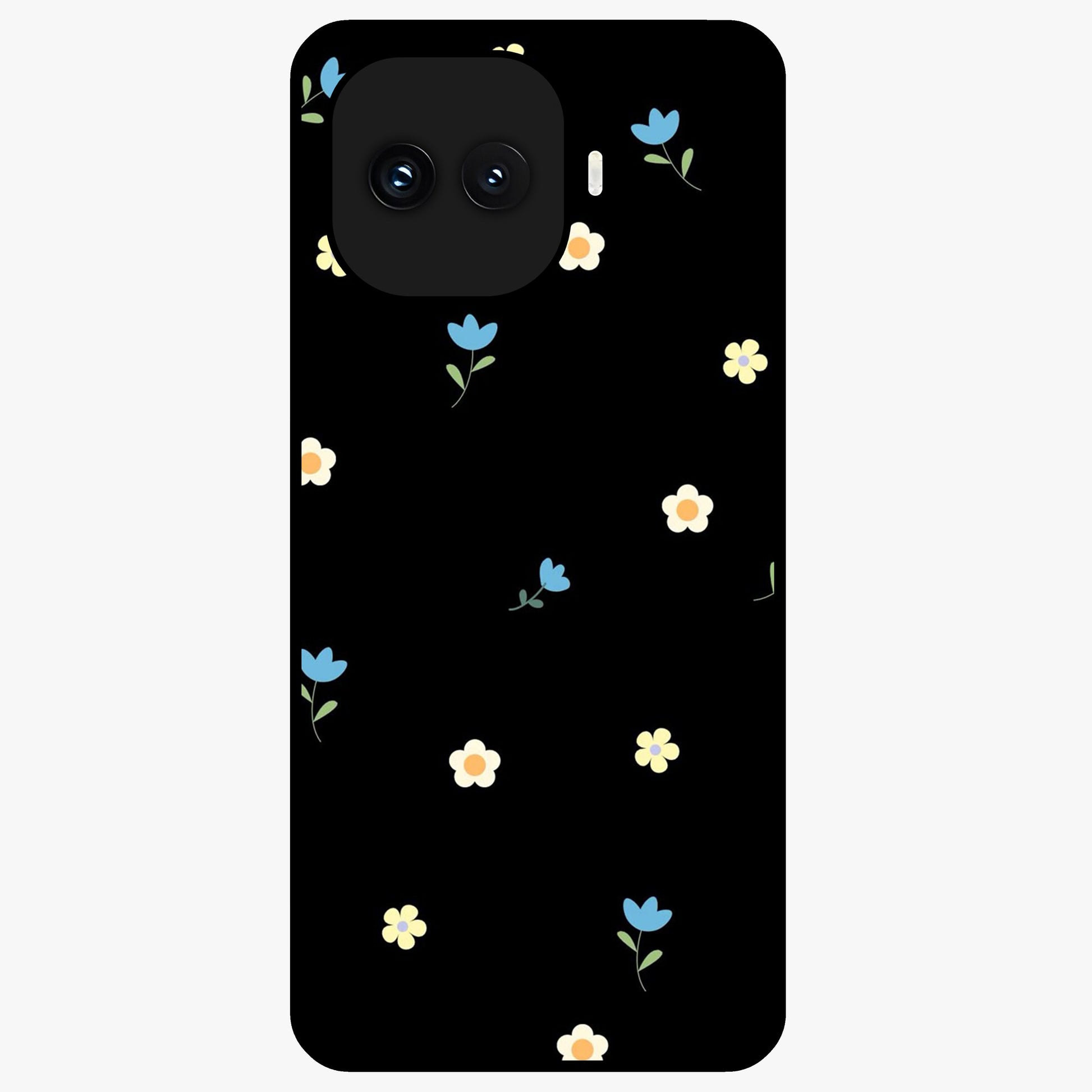 Minimalistic Blue With White Flower Pattern Glass Case showing flat back view with blue background and white flower pattern and glossy glass finish.
