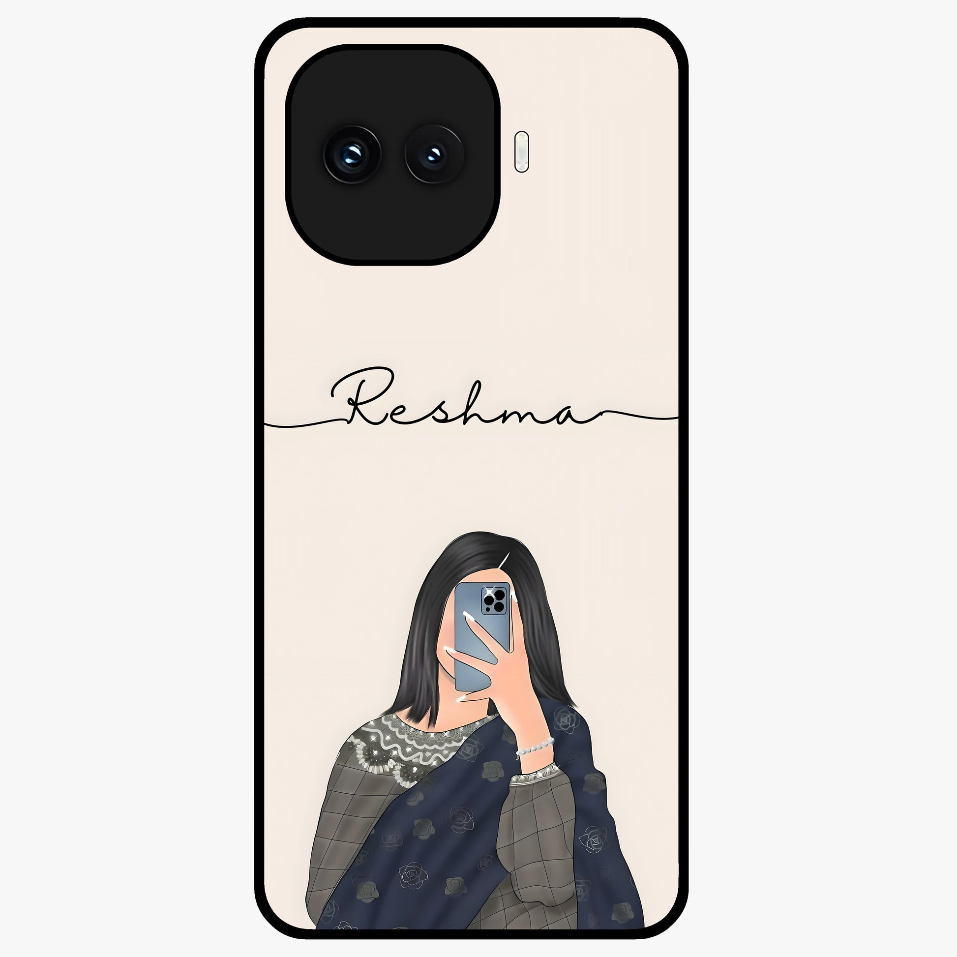 Mirror Mood Muse With Custom Name Glass Case showing flat back view with stylish mirrored artwork and personalized name design.