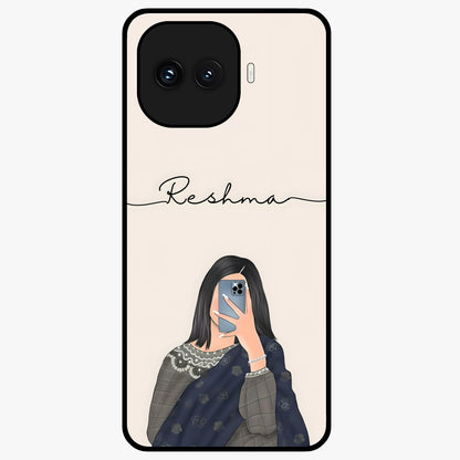 Mirror Mood Muse With Custom Name Glass Case showing flat back view with stylish mirrored artwork and personalized name design.