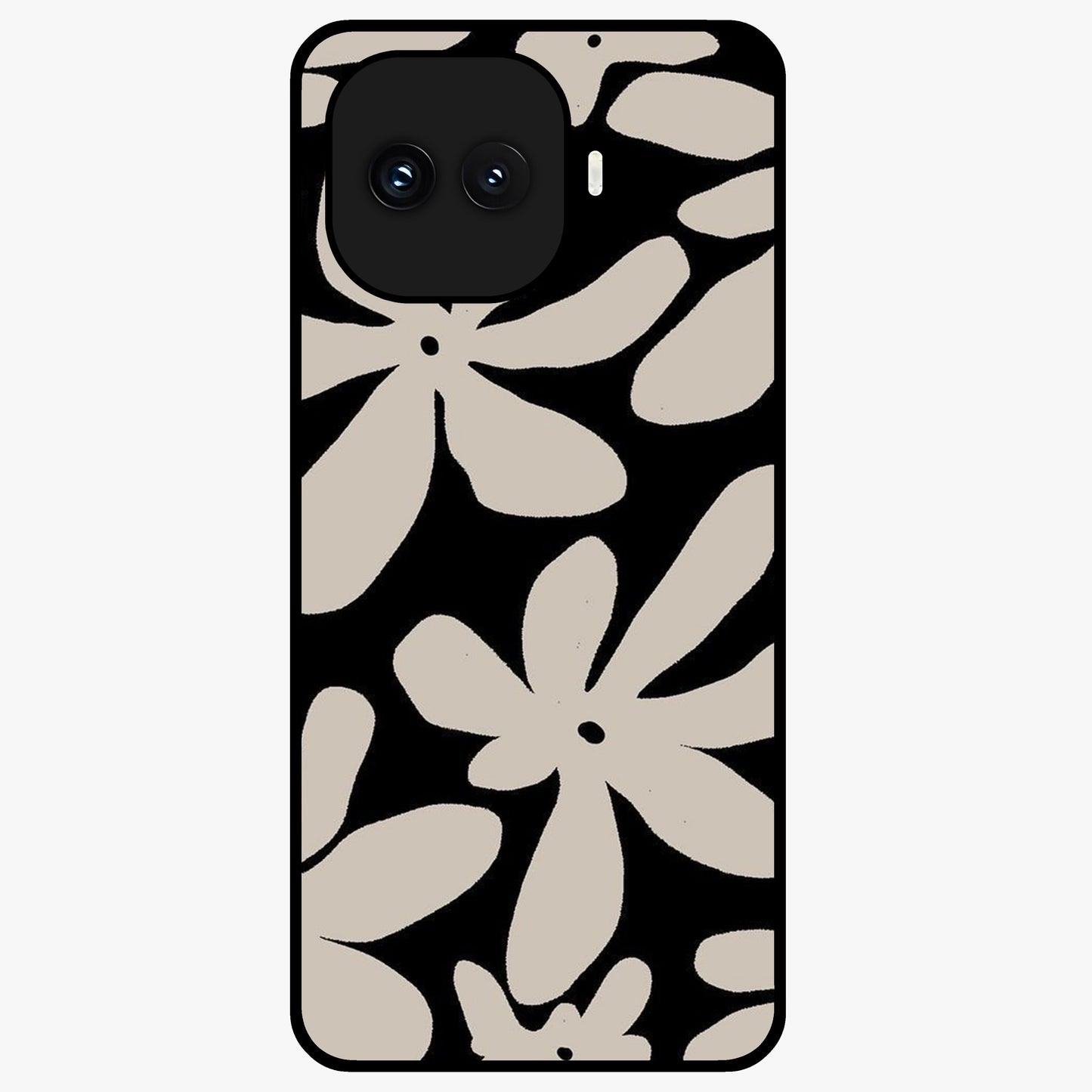Monochrome Petal Dance Glass Case showing flat back view with monochrome floral artwork and glossy glass finish.