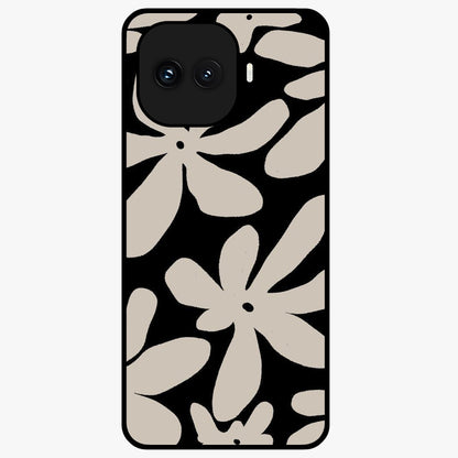 Monochrome Petal Dance Glass Case showing flat back view with monochrome floral artwork and glossy glass finish.