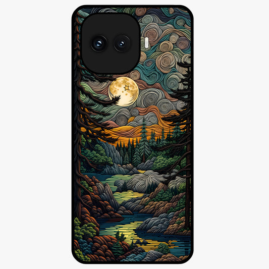 Moonlight Forest Dream Glass Case showing flat back view with mystical forest moonlight artwork and glossy glass finish.