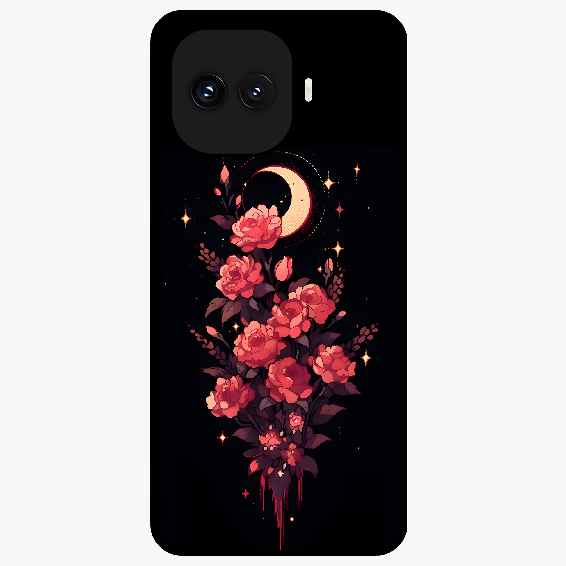 Moonlit Floral Elegance Glass Case showing flat back view with elegant floral artwork under moonlit tones and glossy glass finish.