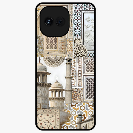 Mughal Marble Legacy Glass Case showing flat back view with intricate Mughal inspired marble pattern and glossy glass finish.