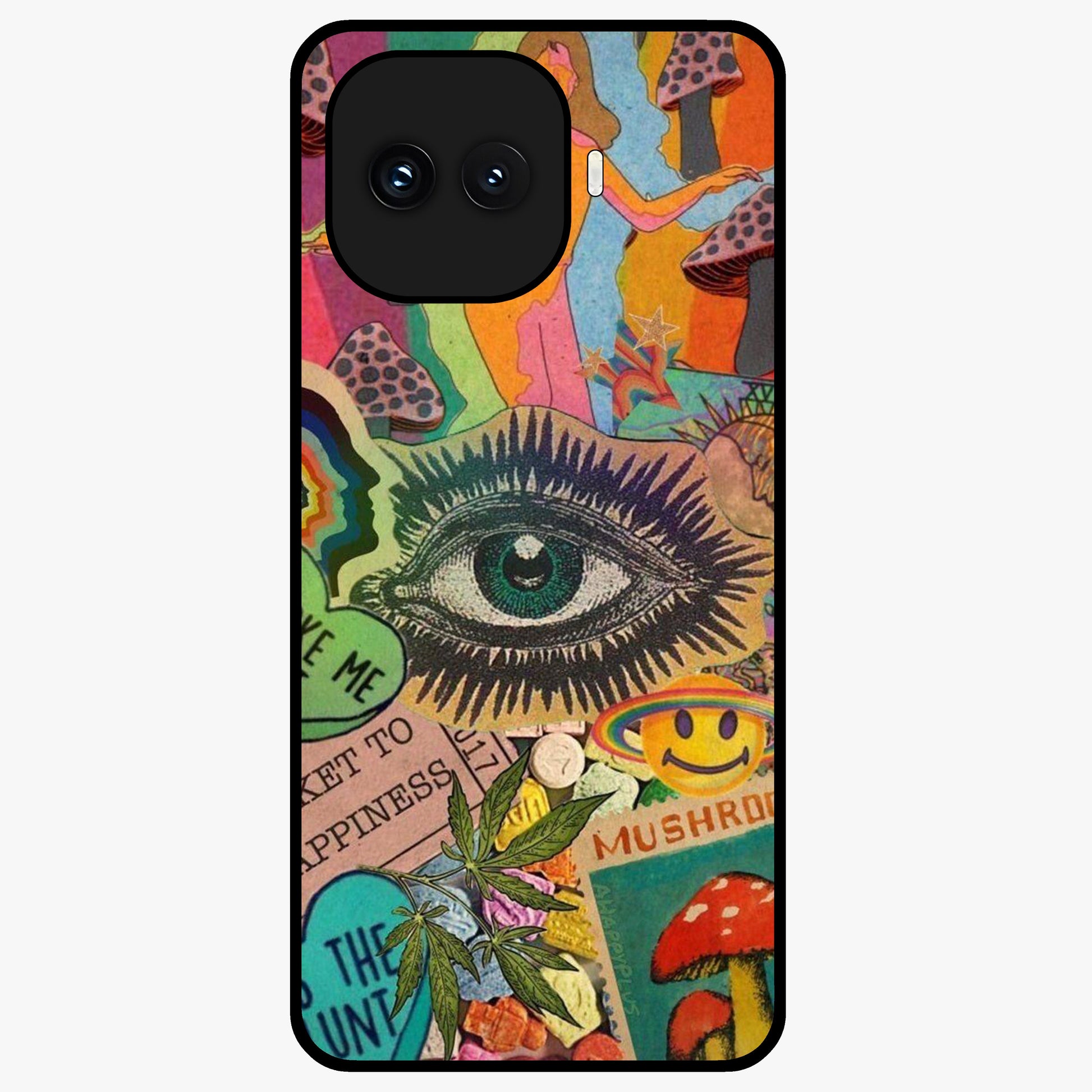Mystic Eye Wonderland Glass Case showing flat back view with mystical eye themed artwork and glossy glass finish.