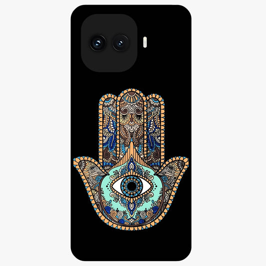 Mystic Hamsa Eye Glass Case showing flat back view with protective hamsa hand and evil eye artwork and glossy glass finish.