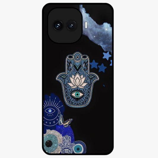 Mystic Hand Aura Glass Case showing flat back view with mystical hand symbol artwork and glossy glass finish.