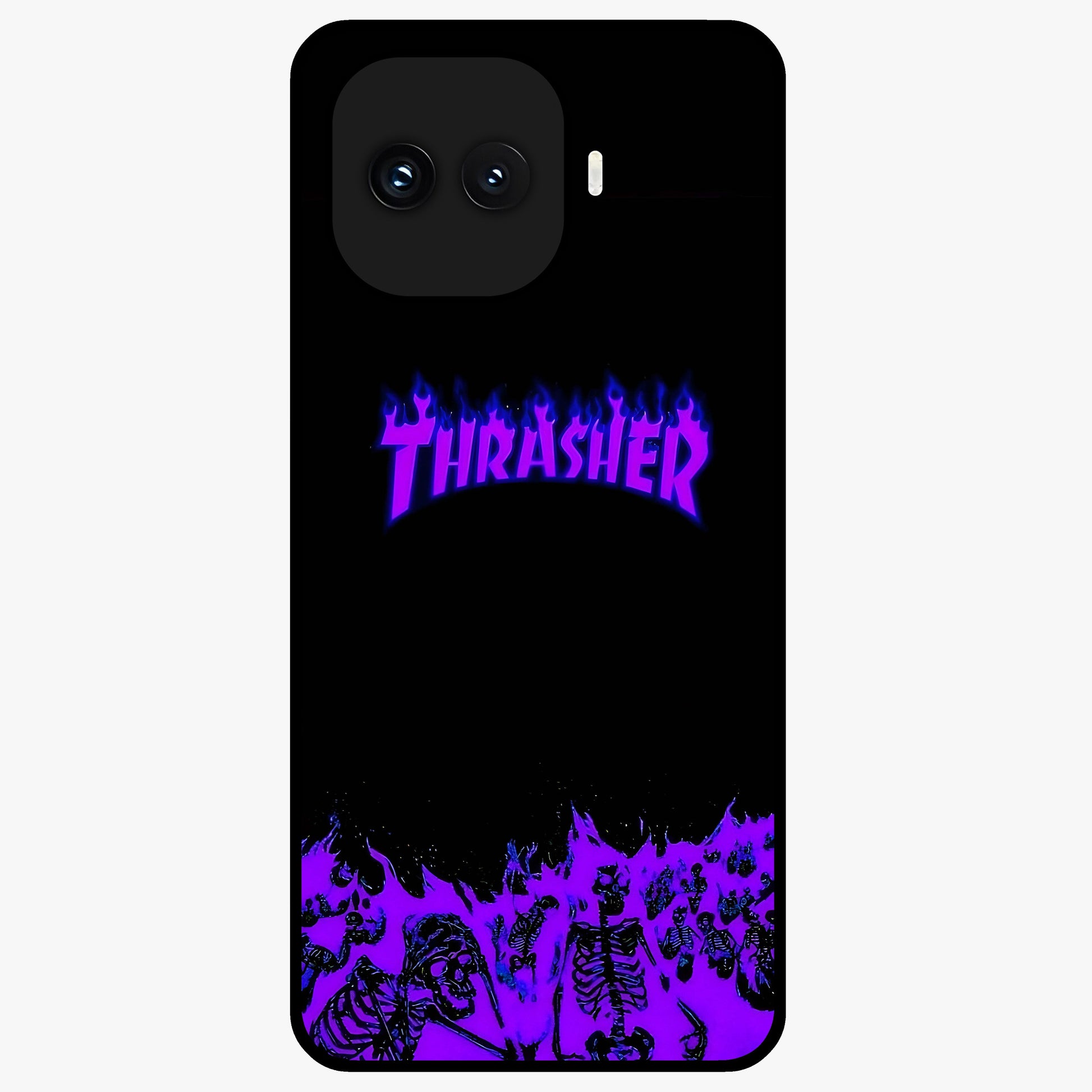 Neon Flame Riot Glass Case showing flat back view with neon flame artwork and glossy glass finish.