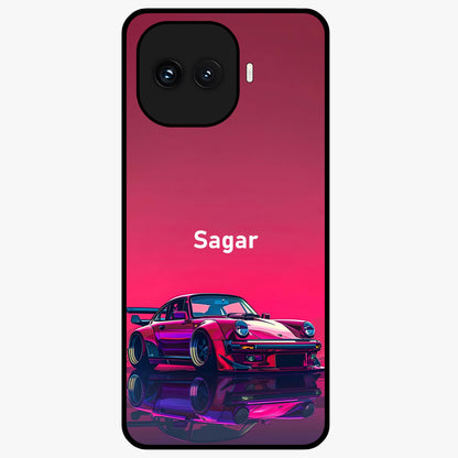 Neon Pink Porsche Glass Case showing flat back view with stylish sports car artwork and glossy glass finish.