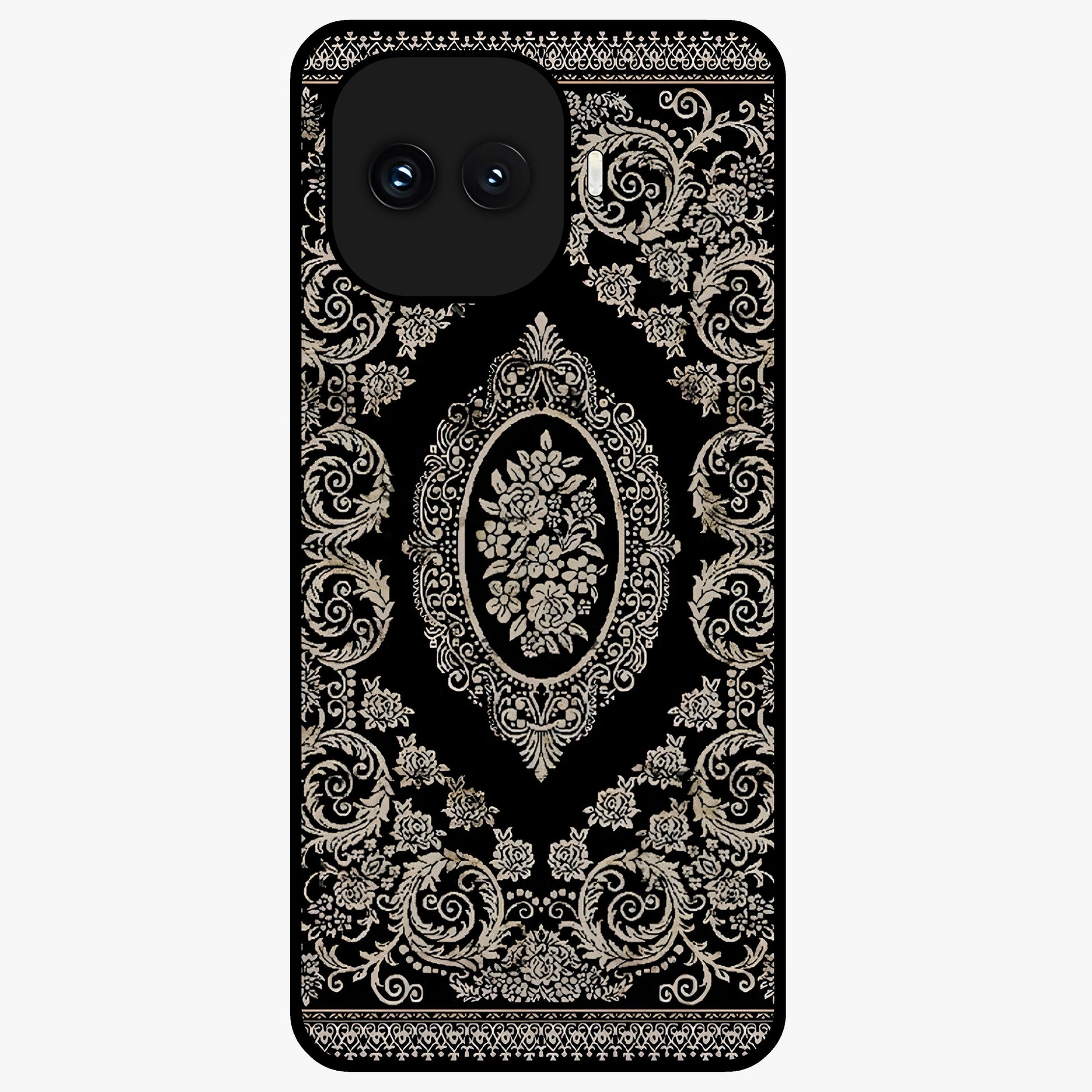 Noir Bloom Elegance Glass Case showing flat back view with elegant dark floral artwork and glossy glass finish.