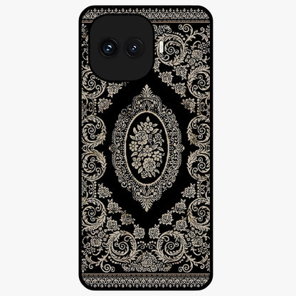 Noir Bloom Elegance Glass Case showing flat back view with elegant dark floral artwork and glossy glass finish.