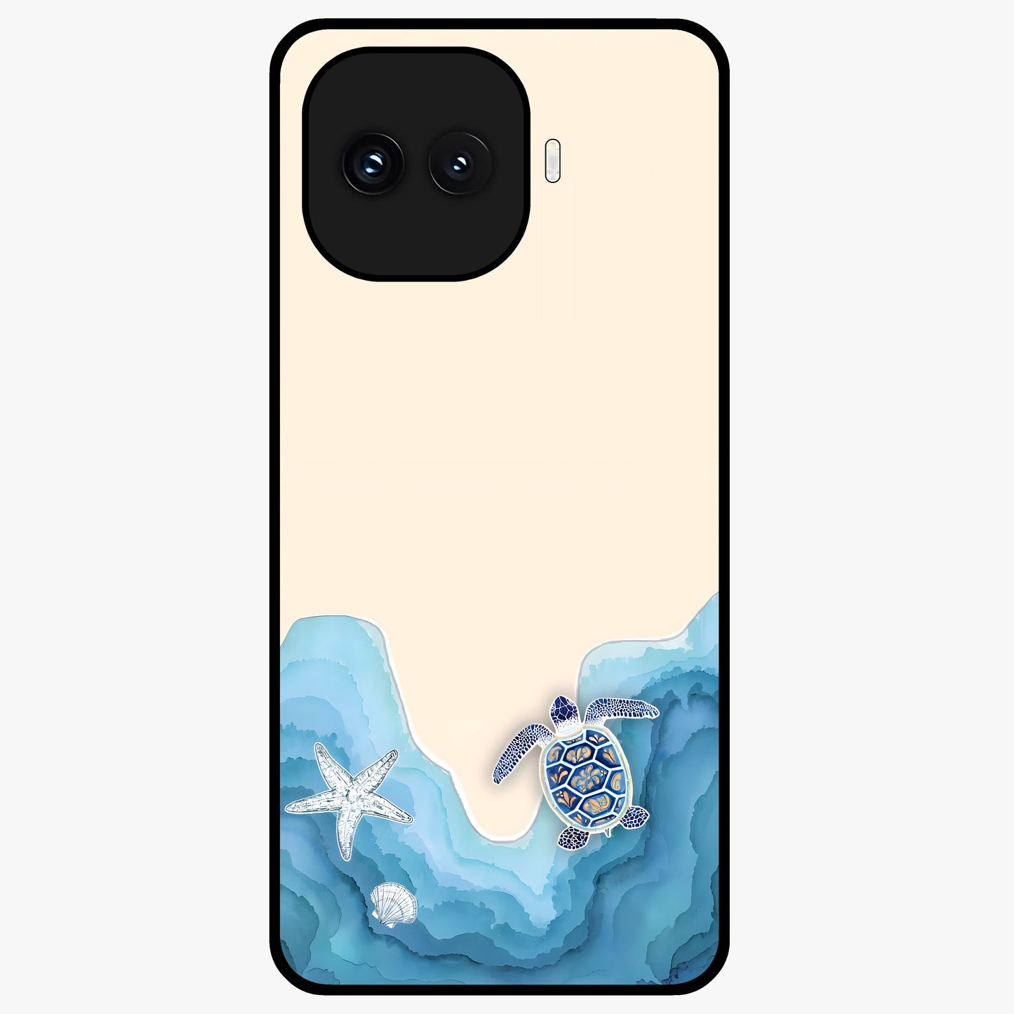 Ocean Drift Turtle Glass Case showing flat back view with sea turtle artwork and glossy glass finish.