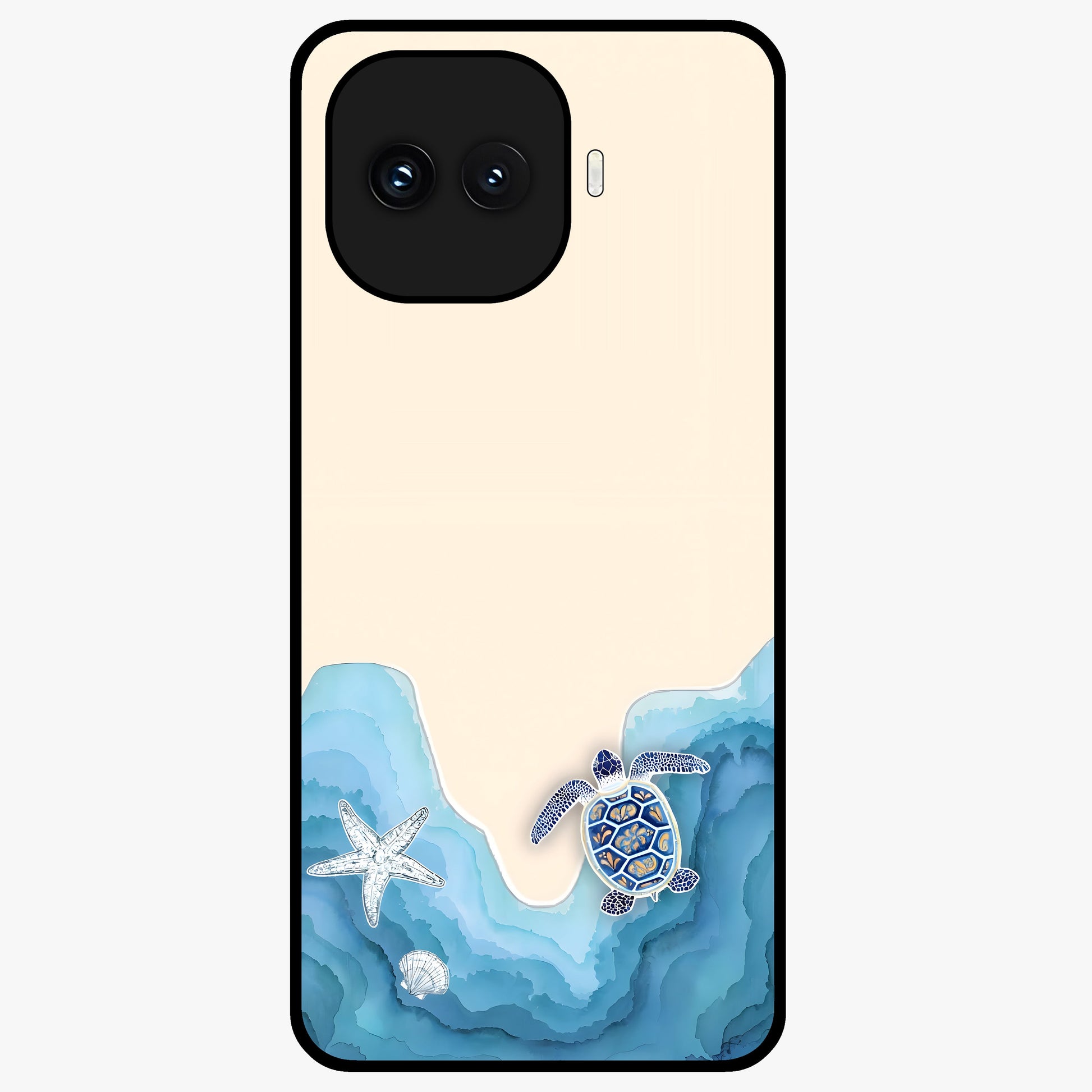Ocean Drift Turtle Glass Case showing flat back view with sea turtle artwork and glossy glass finish.