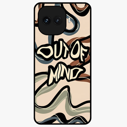 Out Of Mind Glass Case showing flat back view with expressive typography artwork and glossy glass finish.