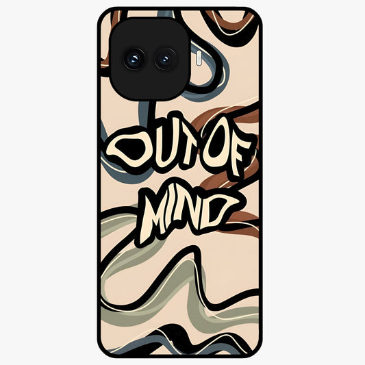 Out Of Mind Glass Case showing flat back view with expressive typography artwork and glossy glass finish.