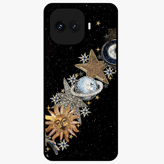 Pearls Universe Object Glass Case showing flat back view with pearl inspired cosmic artwork and glossy glass finish.