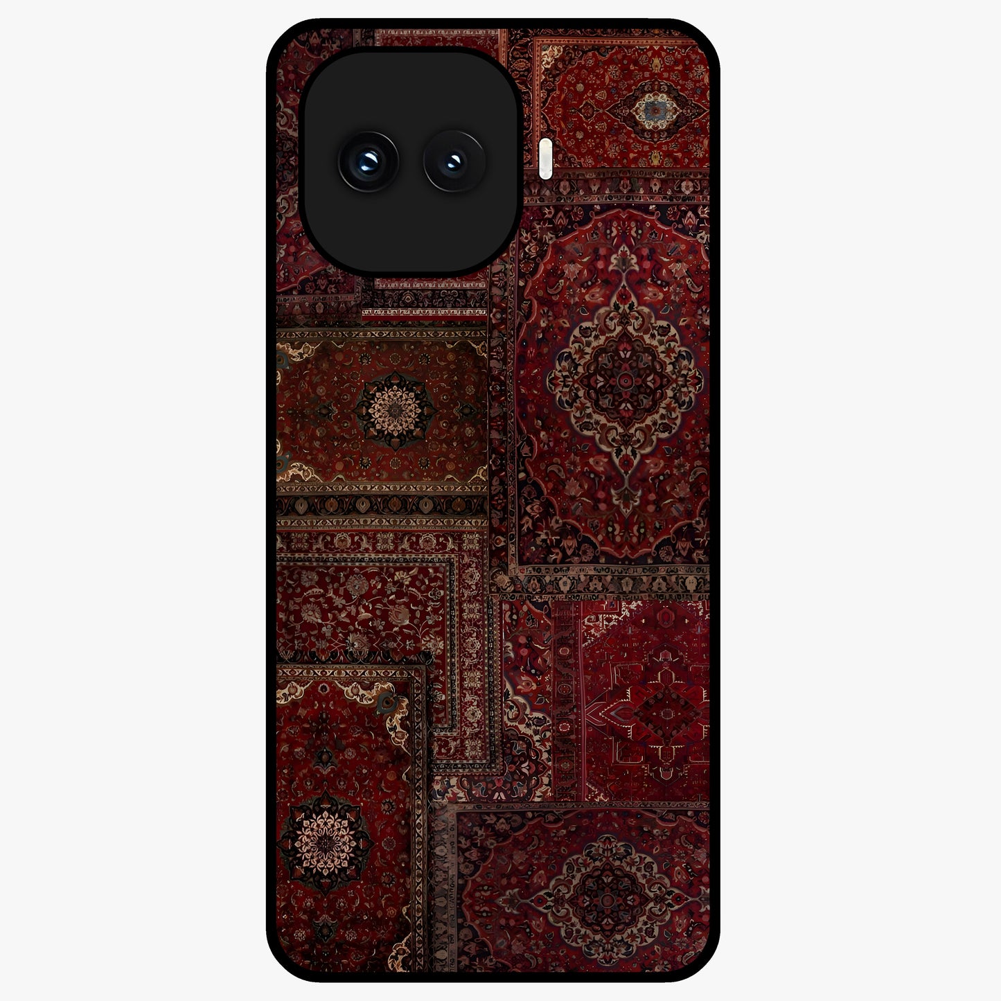 Persian Velvet Tale Glass Case showing flat back view with luxurious Persian velvet pattern artwork and glossy glass finish.