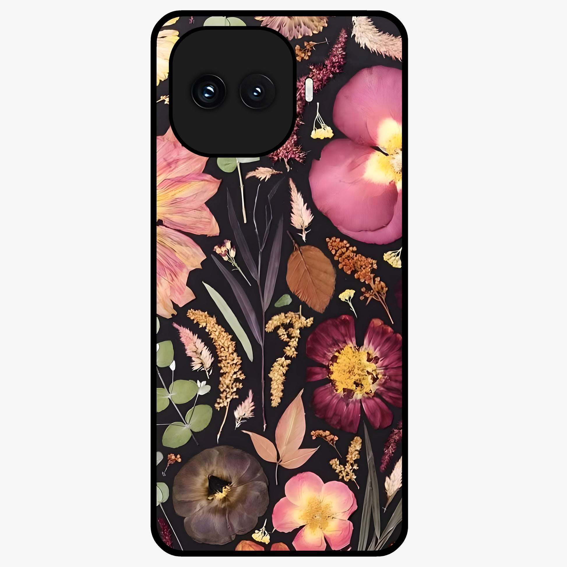 Petal Dream Tapestry Glass Case showing flat back view with intricate floral tapestry artwork and glossy glass finish.