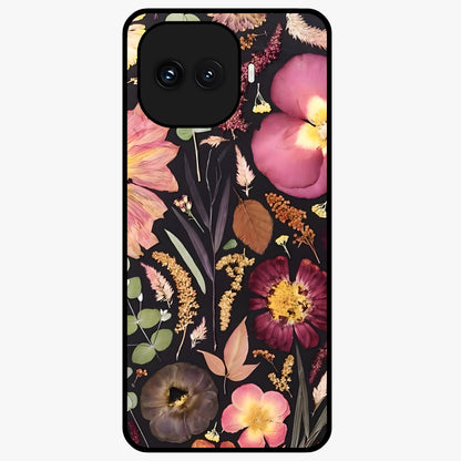 Petal Dream Tapestry Glass Case showing flat back view with intricate floral tapestry artwork and glossy glass finish.