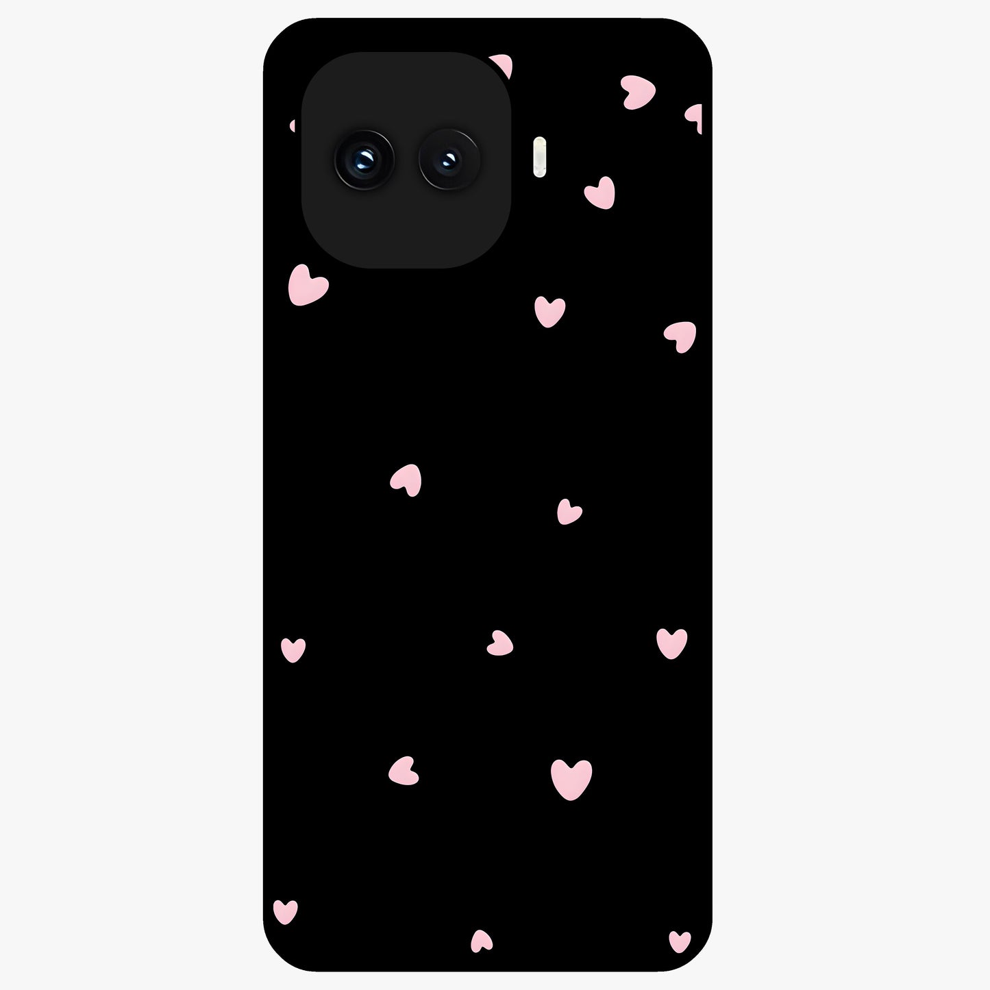 Pink Love Drops Glass Case showing flat back view with playful pink heart drops artwork and glossy glass finish.