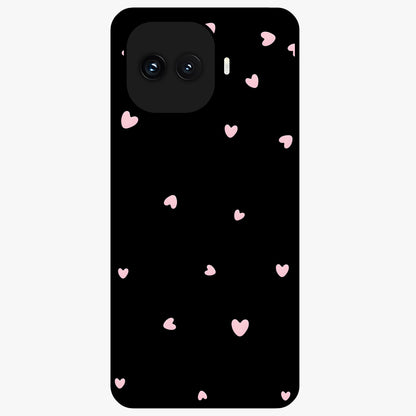 Pink Love Drops Glass Case showing flat back view with playful pink heart drops artwork and glossy glass finish.
