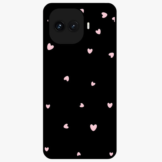 Pink Love Drops Glass Case showing flat back view with playful pink heart drops artwork and glossy glass finish.