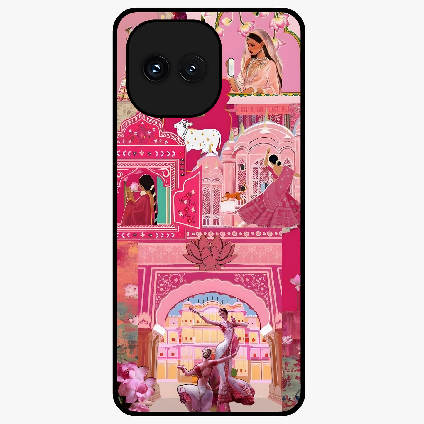 Pink Palace Muse Glass Case showing flat back view with elegant palace inspired artwork and glossy glass finish.